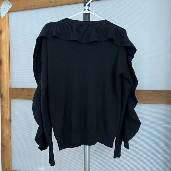 ANTHROPOLOGIE NAADAM Merino Wool Cashmere Black Ruffle Crewneck Sweater Sz L - Picture 9 of 15